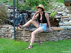 Hairy Long-legged Milf Masturbates Outdoor With Olive Glass