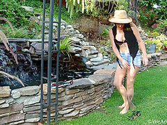 Hairy Long-legged Milf Masturbates Outdoor With Olive Glass