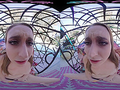 Horny blonde masturbates outside with her toys in virtual reality