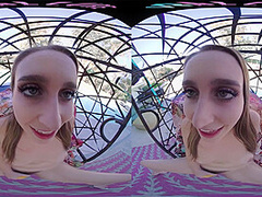 Horny blonde masturbates outside with her toys in virtual reality