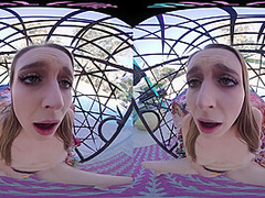 Horny blonde masturbates outside with her toys in virtual reality