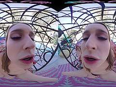 Horny blonde masturbates outside with her toys in virtual reality