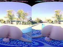Horny blonde masturbates outside with her toys in virtual reality