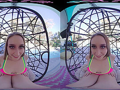 Horny blonde masturbates outside with her toys in virtual reality