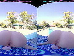 Horny blonde masturbates outside with her toys in virtual reality
