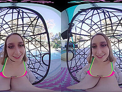 Horny blonde masturbates outside with her toys in virtual reality