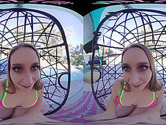 Horny blonde masturbates outside with her toys in virtual reality