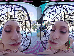 Horny blonde masturbates outside with her toys in virtual reality
