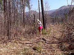 Fusion With Nature In The Outdoors. Blonde With A Big Ass Strips In The Forest And With A Bare Natural Hairy Pussy Playing With A Spruce Twig. 11 Min