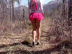 Fusion With Nature In The Outdoors. Blonde With A Big Ass Strips In The Forest And With A Bare Natural Hairy Pussy Playing With A Spruce Twig. 11 Min