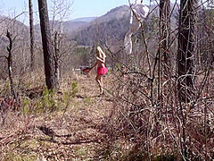 Fusion With Nature In The Outdoors. Blonde With A Big Ass Strips In The Forest And With A Bare Natural Hairy Pussy Playing With A Spruce Twig. 11 Min