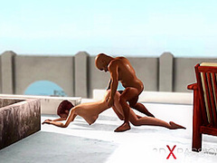 Horny hor brunette gets fucked hard by a midget outdoor