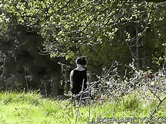 Masked whore riding huge cock in nature