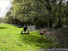 Masked whore riding huge cock in nature