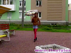 Tiny Tyler strip off in public and Fingering pussy