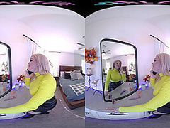 Busty blonde gets off with her toy in VR