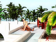 Midget plays with a sexy woman in a luxury villa
