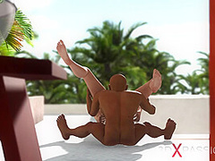 Midget plays with a sexy woman in a luxury villa