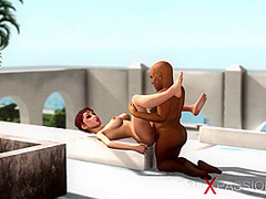 Midget plays with a sexy woman in a luxury villa