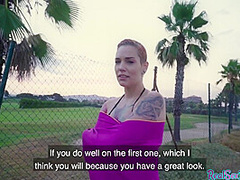 Shorthair inked babe paid to suck in POV before outdoor sex