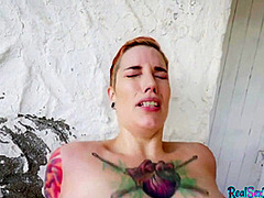 Shorthair inked babe paid to suck in POV before outdoor sex