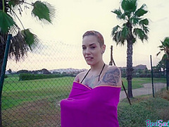 Shorthair inked babe paid to suck in POV before outdoor sex