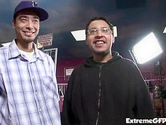 Cock whore rides in filthy sex shop trio