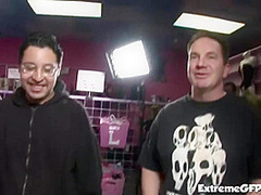 Cock whore rides in filthy sex shop trio