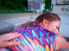 Pickedup brunette eurobabe sucks in POV before outdoor sex