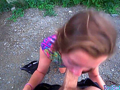 Pickedup brunette eurobabe sucks in POV before outdoor sex