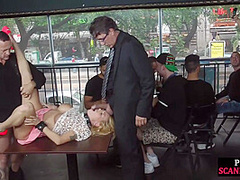 Public submissive sucking and dickriding while voyeurs watch