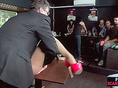Public submissive sucking and dickriding while voyeurs watch