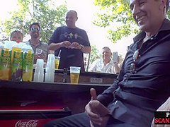 Public bdsm sub cocksucking and rimming on front of voyeurs