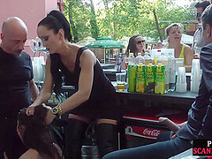 Public bdsm sub cocksucking and rimming on front of voyeurs