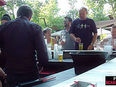 Public bdsm sub cocksucking and rimming on front of voyeurs