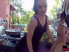 Public bdsm sub cocksucking and rimming on front of voyeurs