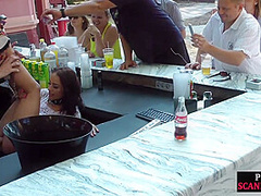 Public bdsm sub cocksucking and rimming on front of voyeurs