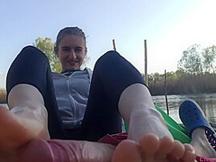 Footjob Training On Public Coast! Hard Workout Teen