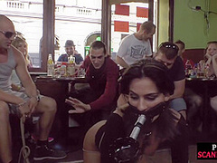 Publicly humiliated sub sucking cock with voyeurs watching