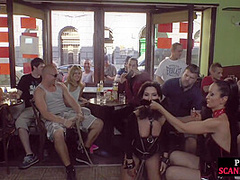 Publicly humiliated sub sucking cock with voyeurs watching
