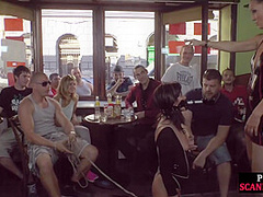 Publicly humiliated sub sucking cock with voyeurs watching