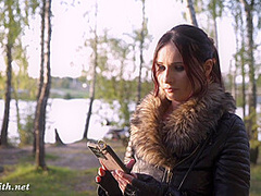 Jeny Smith in nylon pantyhose without panties shocked a biker in the forest. Bottomless in Public.