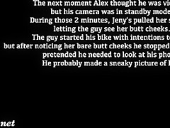 Jeny Smith in nylon pantyhose without panties shocked a biker in the forest. Bottomless in Public.