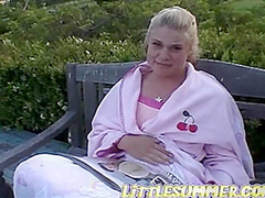 Petite blonde solo teen fingers her pussy