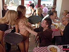 Public sub sucking dom dick in group wit voyeurs watching