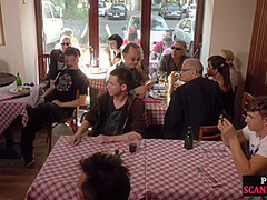 Public sub sucking dom dick in group wit voyeurs watching
