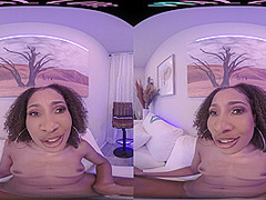 Dazzling ebony bombshell plays with herself in VR before going on a date