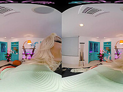 Seductive blonde with big boobs gives you a steamy show in VR