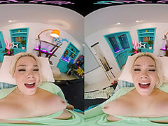 Seductive blonde with big boobs gives you a steamy show in VR