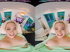 Seductive blonde with big boobs gives you a steamy show in VR